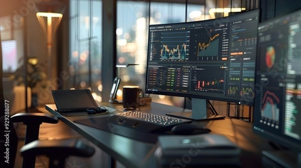 Obraz A well-organized desk with a high-resolution monitor displaying an executive summary and financial data. Nearby, a sleek notebook and financial documents complement the business setup.