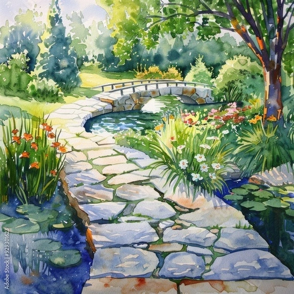 Fototapeta Tranquil Garden Scene with Stone Bridge, Watercolor Landscape Design