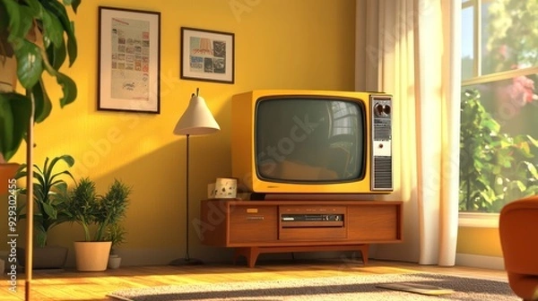 Fototapeta A retro living room featuring a vintage yellow television and mid-century decor, illuminated by natural light.
