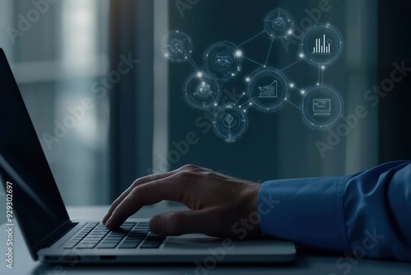 Fototapeta A hand typing on a laptop with digital icons representing technology, data, and networking in a modern workspace.