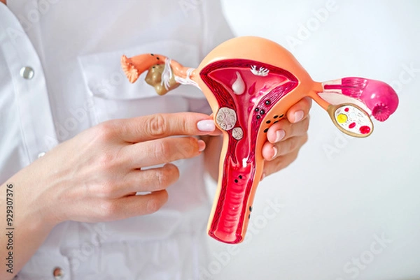 Obraz The gynecologist points his finger at fibroid tumors on a model of a female uterus with pathologies