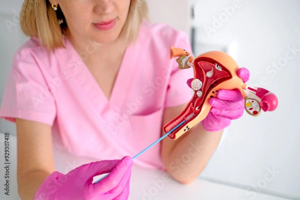 Obraz A gynecologist using a model of a female uterus shows students the process of taking gynecological swabs to determine and characterize the microflora of the urogenital canal.