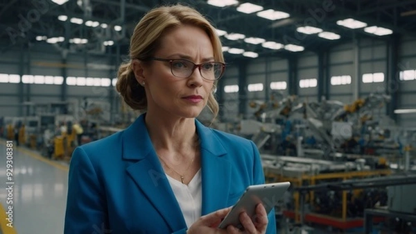 Fototapeta Female Executive in Modern Airplane Manufacturing Facility with Advanced Machinery, Industrial Technology, and Corporate Professionalism. AI Generated.