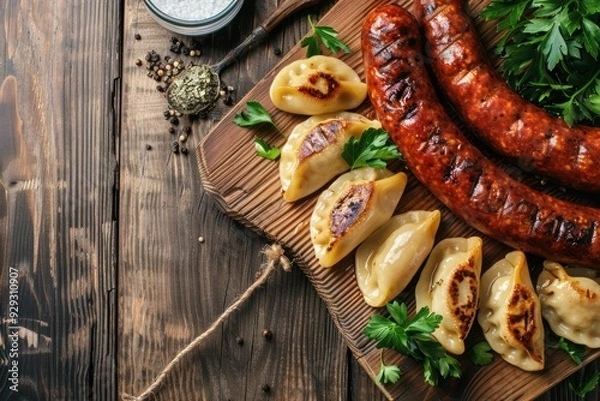 Fototapeta A delicious arrangement of golden dumplings and spicy sausages on a rustic wooden board, garnished with fresh parsley.
