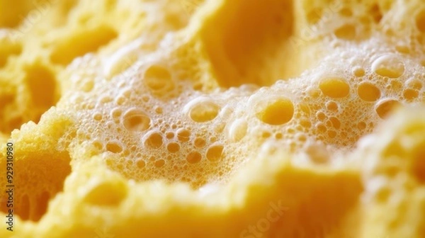 Obraz Close-up of a vibrant yellow sponge with bubbles, creating a textured, sudsy surface that evokes a sense of freshness and cleanliness.