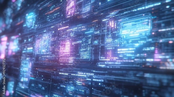 Fototapeta A digital interface displaying holographic screens with hovering data streams
