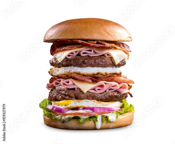 Obraz Giant Double Super Burger with Eggs, Cheese, Ham, and Bacon.