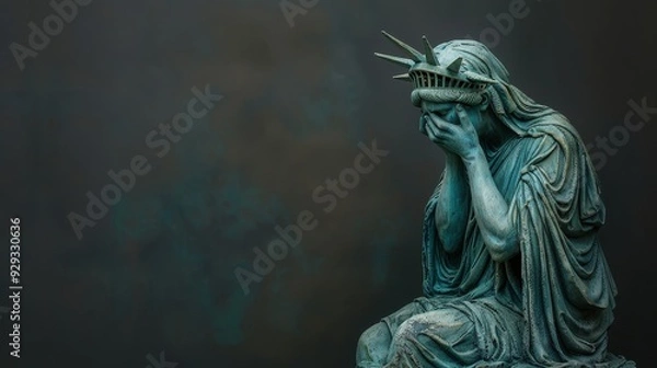 Fototapeta Sad statue resembling Liberty with hands covering face on dark background