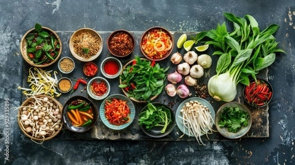 Obraz A table filled with different types of food in bowls, ideal for editorial or commercial use