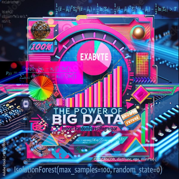Obraz The Power of Big Data. A vivid, colorful conceptual artwork that includes some terms and fragments of some of the key machine learning algorithms related to Big Data sets.