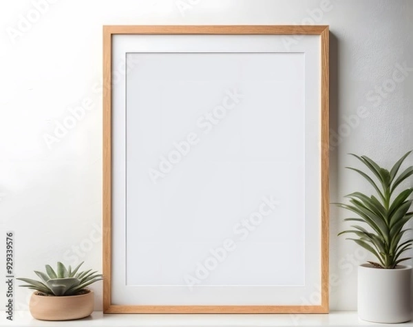 Fototapeta A blank frame mockup with plants in trendy vase. Template for artwork, Painting, Photo or poster