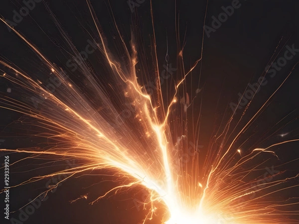 Fototapeta Weld sparks isolated on black background. Vector realistic flare effect of metal welding or blacksmith works. Flying glowing particles and smoke of industrial works with steel or burning fire