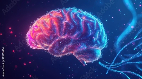 Fototapeta close up of brain technology, artificial intelligence concept. illustration with colorful splash isolated on black background
