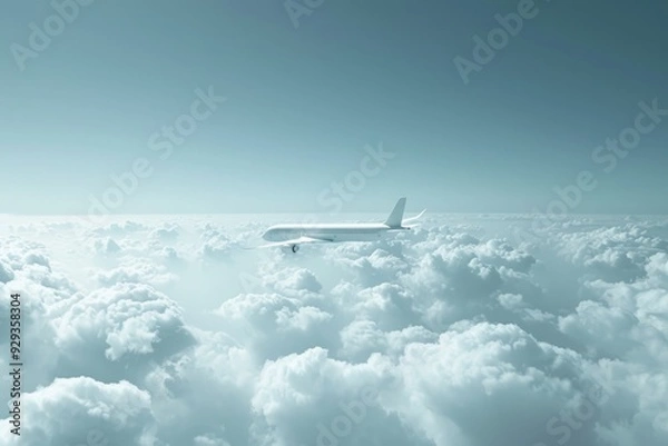 Fototapeta An airplane soaring through the sky, surrounded by fluffy white clouds