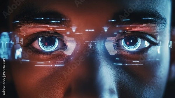 Fototapeta Closeup of a man's eyes with digital hologram overlays, showing a biometric security scan and identity recognition technology