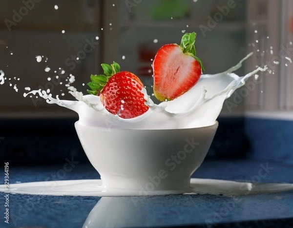 Obraz Strawberries falling into a bowl of milk and milk splashing around