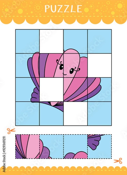 Fototapeta Puzzle for kids. Cut and glue. Find the missing parts of the picture. Vector worksheet of simple educational game