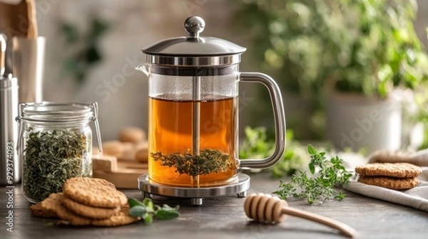 Fototapeta A waitress serves herbal tea (winter tea) in a french press.French-pressed winter tea with cookies alongside a jar of honey and some herbs