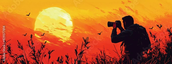 Fototapeta Silhouette of a male photographer capturing a vibrant sunset in a field, with birds flying in the sky.
