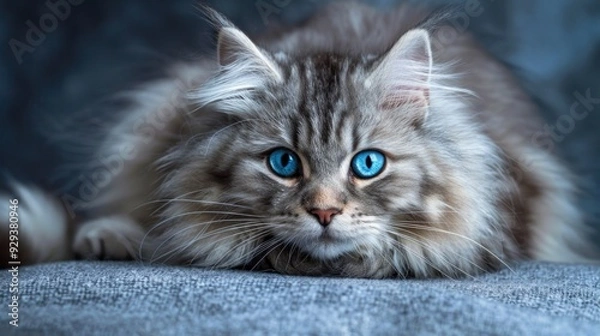 Fototapeta A fluffy cat with bright blue eyes relaxing on a comfortable couch
