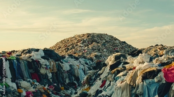Fototapeta A vast heap of discarded fast fashion textiles fills a landfill under a glowing sunset