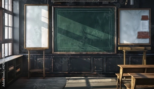 Obraz Photorealistic 3D render of a classroom with green chalkboard, black wall, and vintage whiteboard for a warm learning feel