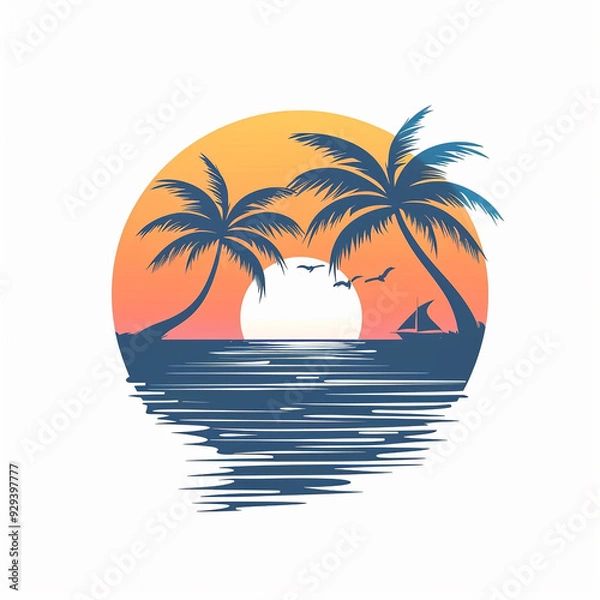 Fototapeta A clean and modern logo depicting an exotic island with a swaying palm tree under a colorful sunset sky. Ideal for travel agencies, beachside hotels, vacation rentals, and tropical businesses
