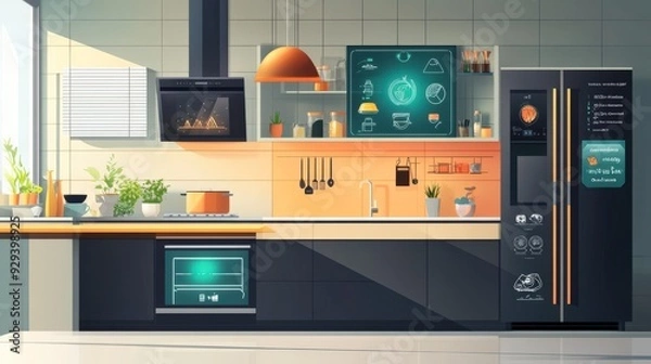 Fototapeta A modern kitchen featuring appliances, plants, and a digital display for cooking guidance.