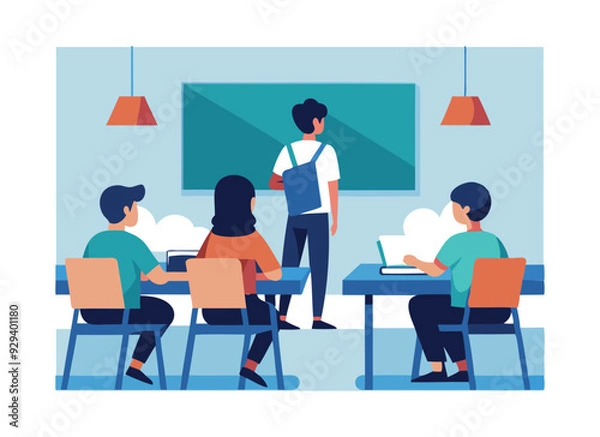 Fototapeta Modern Classroom with Students and Teacher Illustration