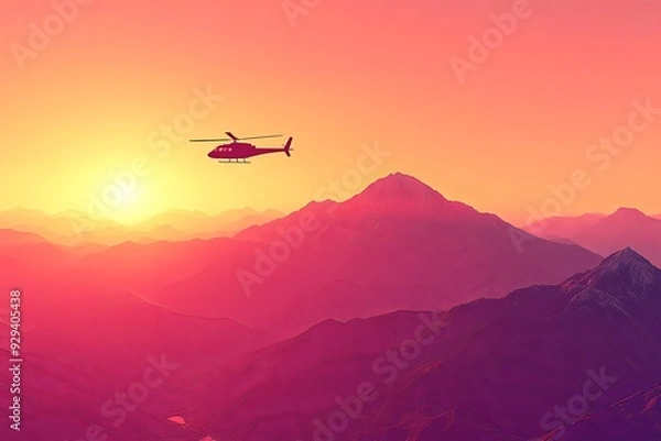 Fototapeta A helicopter soars above mountains while the sun sets, casting warm colors across the sky and terrain. Generative AI