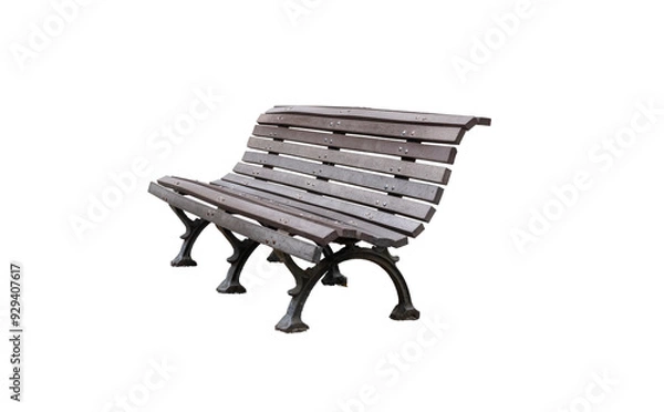 Fototapeta Classic resting bench in public park isolated. Wooden bench with metal legs. Isolated on transparent background