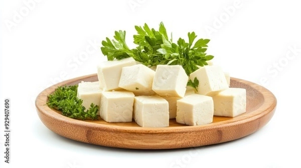 Fototapeta Tofu Cubes On Wooden Plate With Herbs, Isolated On White Background, Ideal For Vegan And Healthy Food Advertising . Generative ai