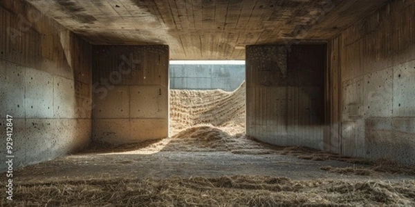 Fototapeta Front view of an open maize silage pit with expansive concrete walls flanking it