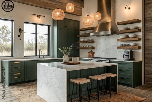 Obraz Modern minimalist kitchen design with green cabinets and pendant lighting in a bright open space