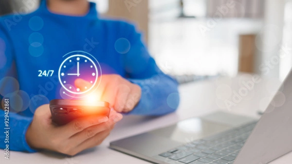 Fototapeta Assistance customer services, Care and consulting clients 24hr, Call Center. Women use smartphone with icon 24 support services, worldwide nonstop, and full-time available contact of service concept.