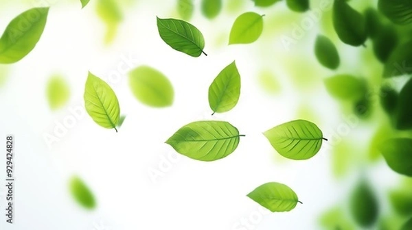 Fototapeta Flying green leaves on white background Fresh spring foliage Environment and ecology backdrop : Generative AI