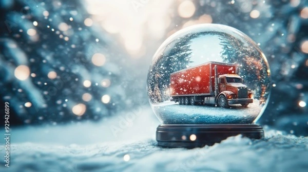 Fototapeta A Red Truck In A Snowy Winter Scene Inside A Glass Globe, Creating A Whimsical Holiday Setting.