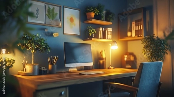 Fototapeta Small and stylish study area with wooden desk nice chair decorations modern lamps and shelf : Generative AI