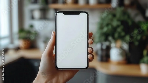Fototapeta hand holding modern smartphone white screen mockup crisp details neutral background focus on device perfect for app or ui showcase