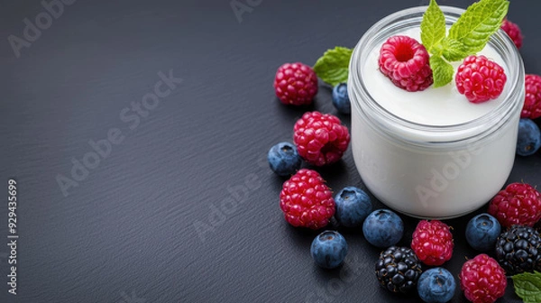 Obraz Organic yogurt, in glass jar with berries with copy space