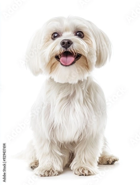 Fototapeta Cute Maltese dog panting, sitting and looking at the camera, Isolated on white , ai