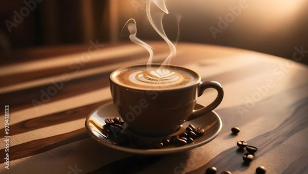 Fototapeta taza de café caliente, con diseño latte art, sobre un plato en una mesa de madera con granos de café a su alrededor 