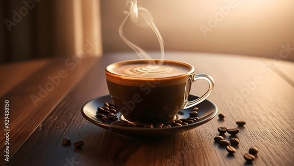 Obraz taza de café caliente, con diseño latte art, sobre un plato en una mesa de madera con granos de café a su alrededor 