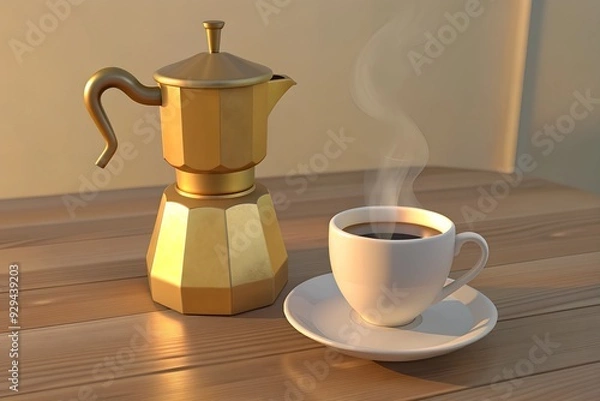 Fototapeta A vintage brass espresso machine on a rustic table, mid-pour into a porcelain cup, bathed in soft morning sunlight with steam rising.