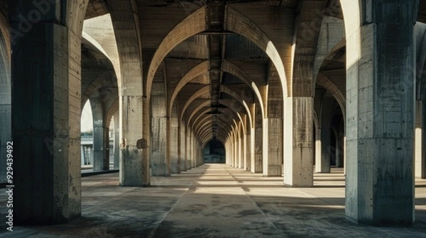 Obraz A train passes under a bridge with columns, a common scene in many places