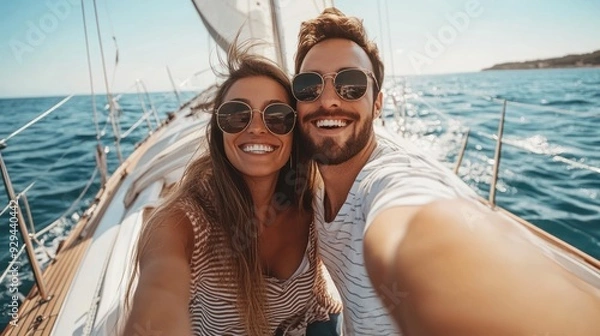 Fototapeta Couple Enjoying a Sailboat Trip
