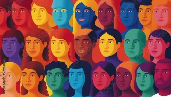 Obraz Illustration of diverse faces in vibrant colors, representing various cultures and ethnicities, celebrating diversity and inclusion. Concept discrimination, racism.