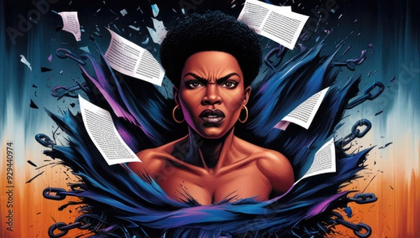 Obraz Illustration of a woman breaking chains, symbolizing resistance against discrimination, with a message advocating equality and justice. Concept discrimination, racism.