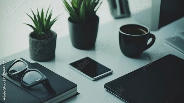 Obraz Minimalist office desk with sleek tech gadgets and a cup of coffee