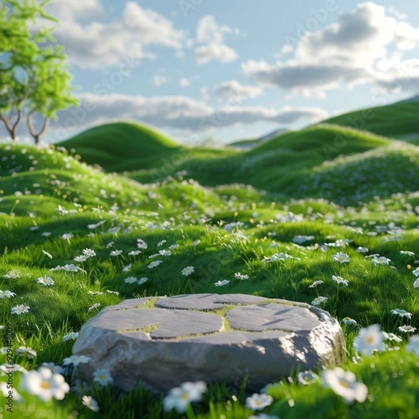 Obraz 3d render platform and Natural background, Stone podium on dry grassland in the valley for product stand display, advertising, mockup. 